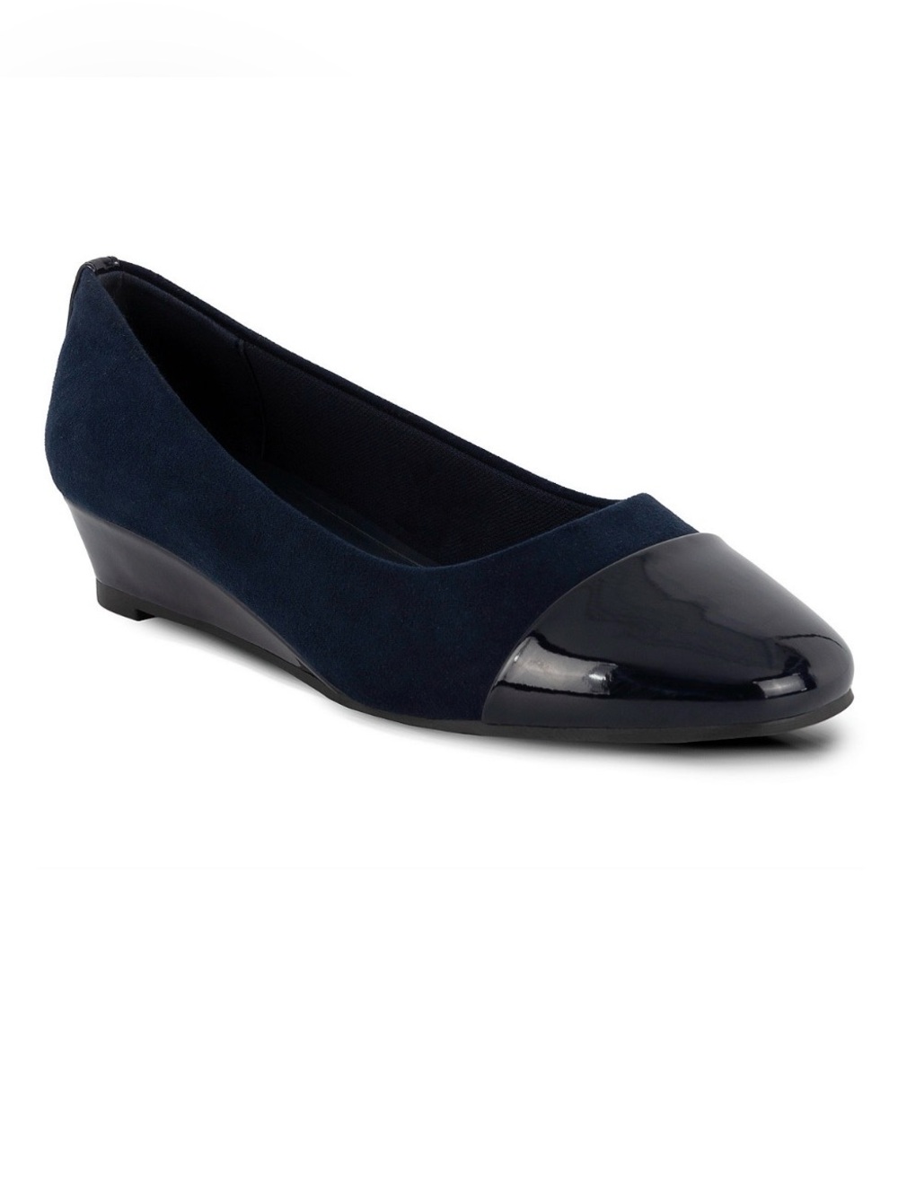 Jones New York Navy Suede Wedge Flats with Patent Cap Toe